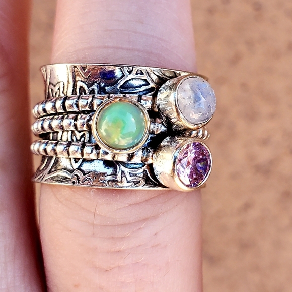 New Ethiopian Opal Multi Gemstone 925 Silver Spinner Meditation Ring. - Picture 3 of 13
